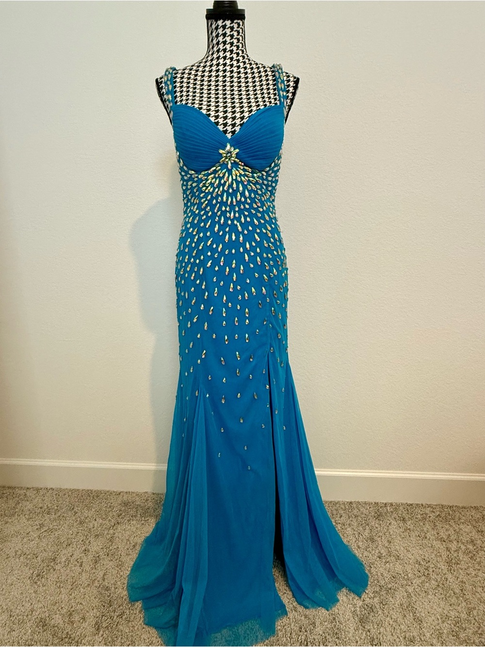 Sean Collection Turquoise AB Stone Beaded Prom Pageant Gown